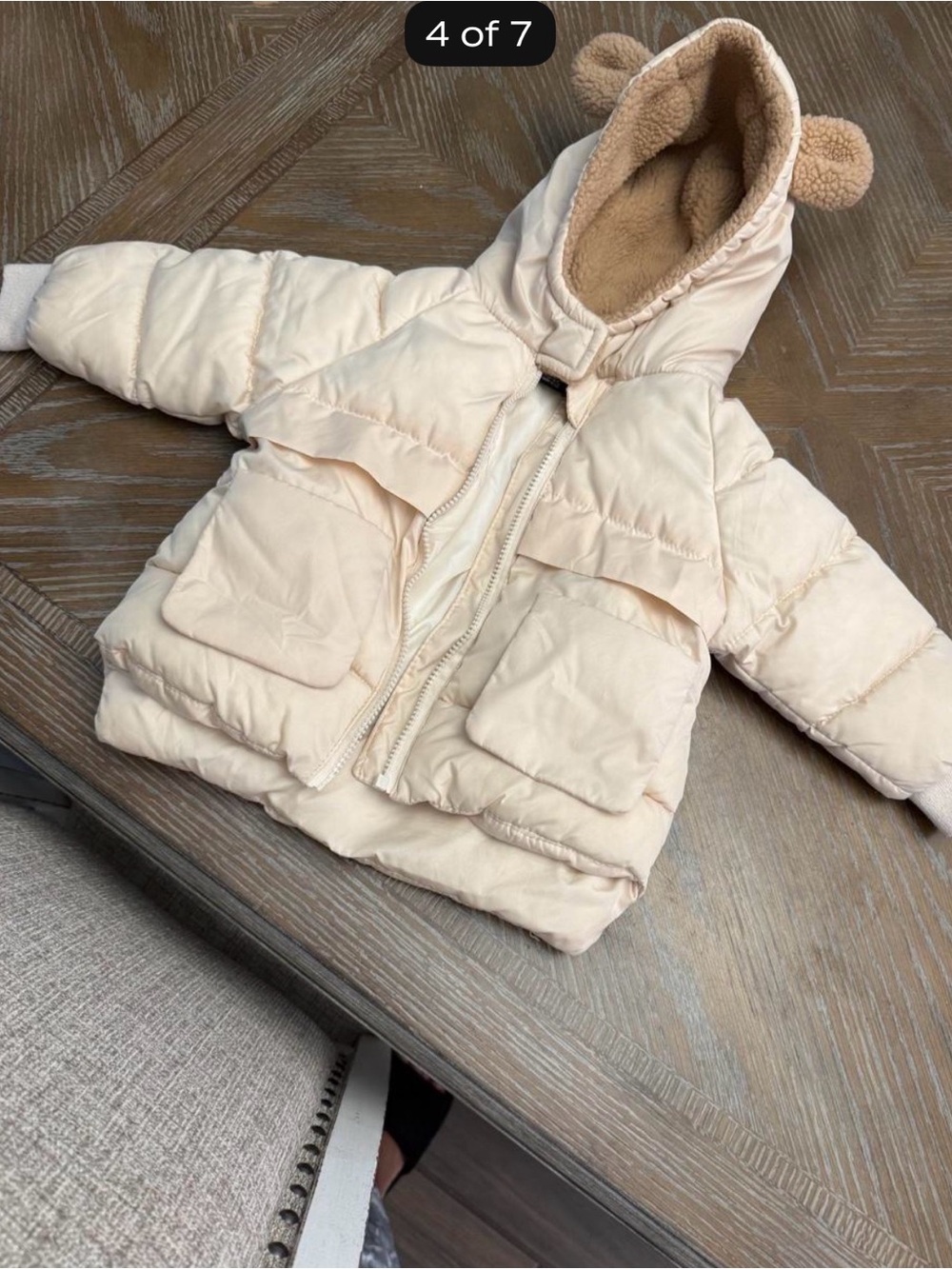 Toddler Cream Puffer Jacket with Hood and Ear Detail